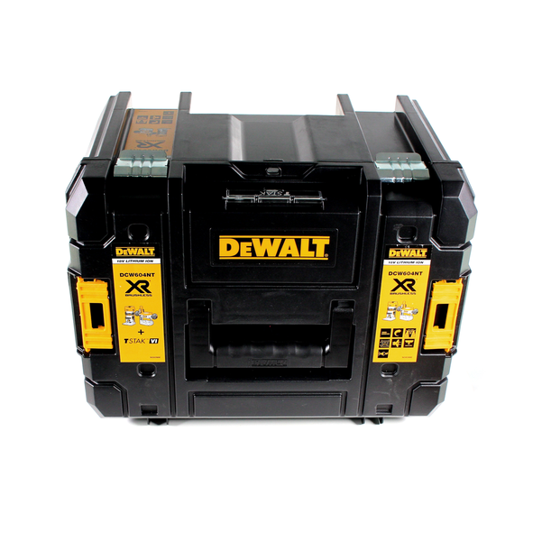 DeWalt Werkzeugkoffer TSTAK VI für bürstenlose 18 Volt Kombifräse DCW604NT mit Tragegriff und DeWalt Logo.