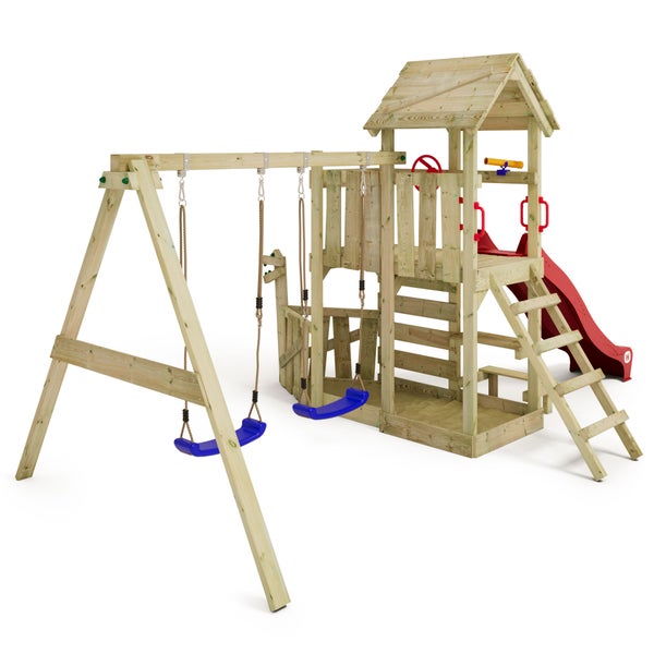 WICKEY Spielturm Klettergerüst GalleyFlyer mit Schaukel und Rutsche, Kletterturm mit Sandkasten, Kletterleiter und Spiel-Zubehör – rot