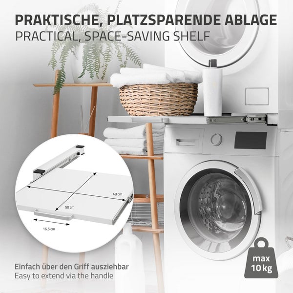 ML-Design Zwischenbaurahmen mit Ausziehplatte aus Stahl, 60x60 cm, Weiß, Verbindungsrahmen für Waschmaschine / Trockner, Zwischenbausatz mit Auszug als Ablage für Wäschekorb, Zwischenrahmen Universal