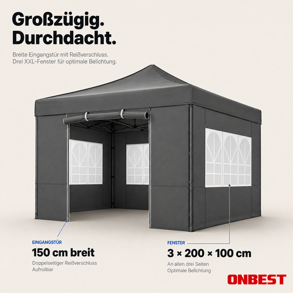 Faltpavillon von ONBEST mit einer 150 Zentimeter breiten Eingangstür und drei großen Fenstern. ONBEST Logo.