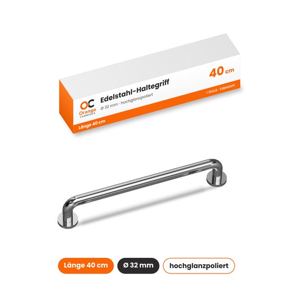 Edelstahl Haltegriff, hochglanzpoliert, 40 Zentimeter lang, 32 Millimeter Durchmesser, inklusive Verpackung Orange Commerce Logo.