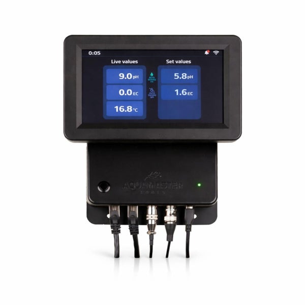 Aqua Master Tools Messgerät und Regler mit digitaler Anzeige für pH-Wert, Leitwert und Temperatur in Grad Celsius mit diversen Kabelanschlüssen.