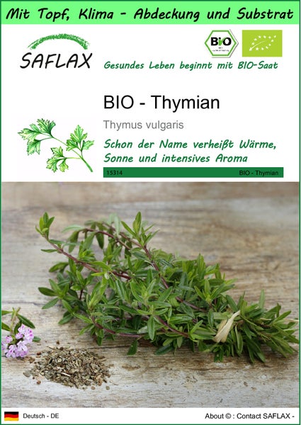 SAFLAX Garden to go - BIO - Thymian - Thymus vulgaris - 800 Samen - Mit Topf, Klima - Deckel und Anzuchtsubstrat