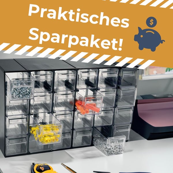 Schubladenregal mit Schrauben, Dübeln und Unterlegscheiben als praktisches Sparpaket