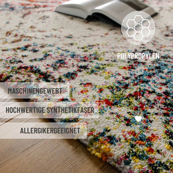 Maschinengewebter Teppich aus hochwertiger Synthetikfaser, Polypropylen, für Allergiker geeignet.
