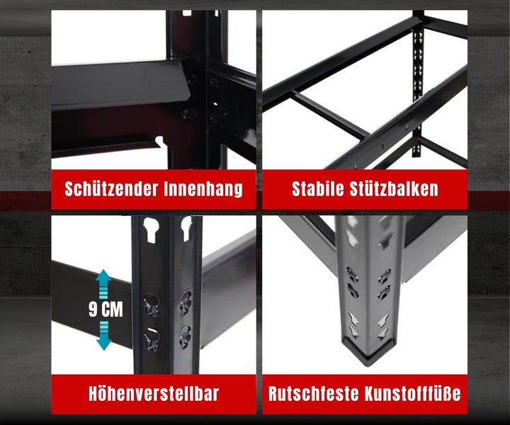 Details eines Lagerregals: schützender Innenhang, stabile Stützbalken, höhenverstellbar alle 9 Zentimeter und rutschfeste Kunststofffüße.