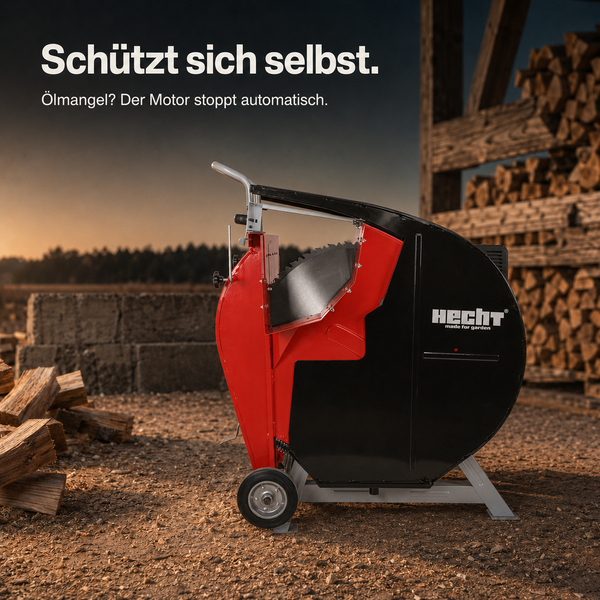 Hecht Wippsäge mit automatischem Motorstopp bei Ölmangel und Hecht Logo, im Freien vor einem Stapel Brennholz.