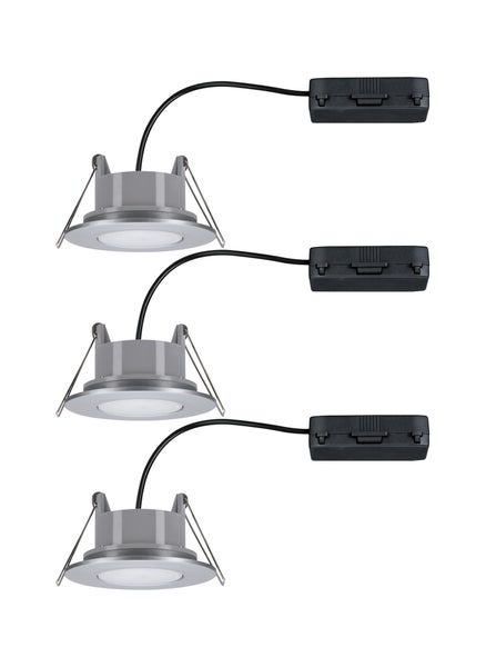 Drei batteriebetriebene LED Einbaustrahler mit Gehäuse und Kabel zur Deckeneinbauleuchte Montage