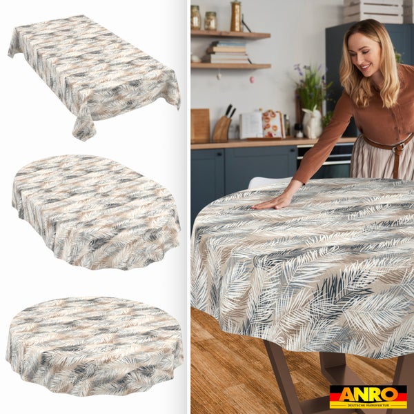 Tischdecke mit Palmblattmuster in rechteckig, oval und rund, Lifestyle-Szene in einer Küche und ANRO Deutsche Manufaktur Logo.