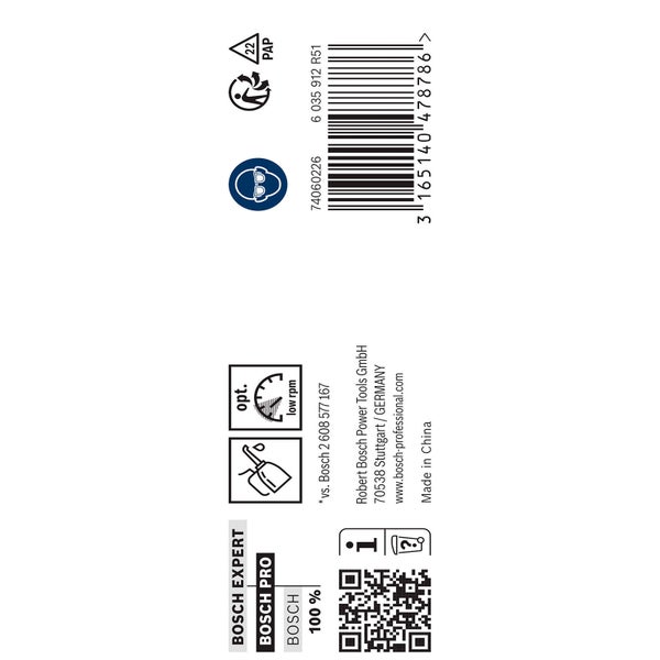 Bosch Expert, Bosch Pro, 100 Prozent, optimale niedrige Drehzahl, Augenschutz tragen, Papierverpackung