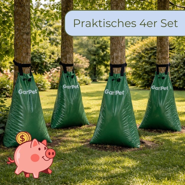 Vier grüne Bewässerungssäcke für Bäume im Garten