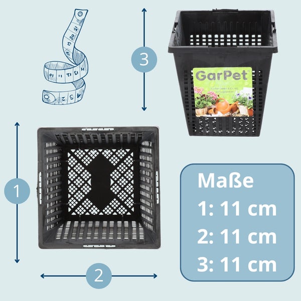 Abbildung eines schwarzen GarPet Pflanzkasten mit Maßangaben.