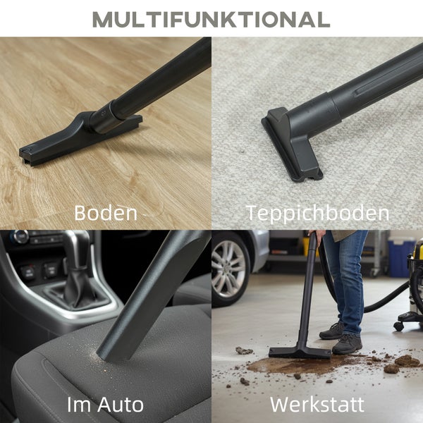 Multifunktionaler Staubsauger im Einsatz auf Hartboden, Teppich, im Auto und in einer Werkstatt zur Reinigung von grobem Schmutz.