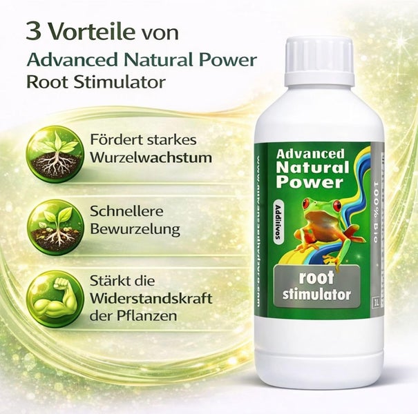 Advanced Natural Power Root Stimulator zeigt Vorteile: starkes Wurzelwachstum, schnelle Bewurzelung und hohe Widerstandskraft der Pflanzen.
