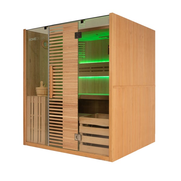 Home Deluxe - Traditionelle Sauna - OMAHA - 180 x 150 x 200 cm - für 4 Personen - Fichtenholz, inkl. Saunaofen I Dampfsauna Aufgusssauna