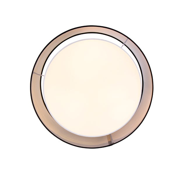 Runde Deckenleuchte in der Ansicht von unten mit hellem Innenschirm und bronzefarbenem Außenring.