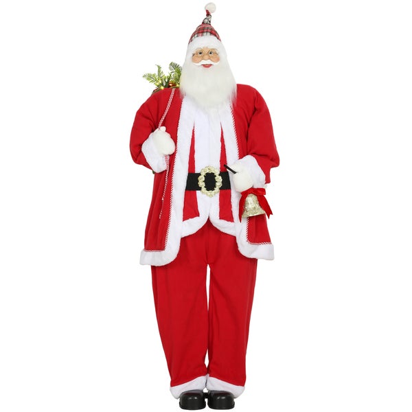 Weihnachtsmann-Figur in rotem Gewand mit weißem Kunstpelz, schwarzem Gürtel, Brille, karierter Mütze, Sack und Glocke.