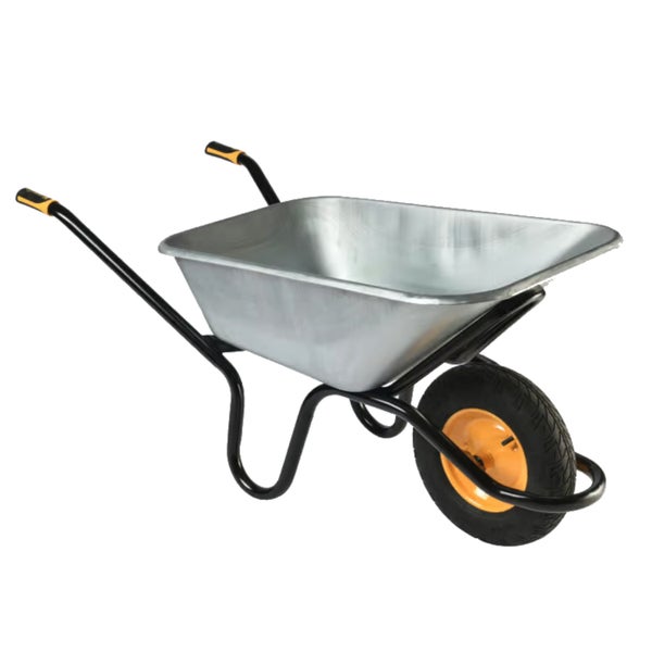 Schubkarre aus Metall mit einem Rad und schwarzen Griffen