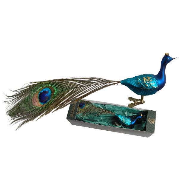 Blau/silber Pfau aus Glas auf Clip mit 28cm langer Naturfeder mundgeblasen, handdekoriert, 1 Stck.