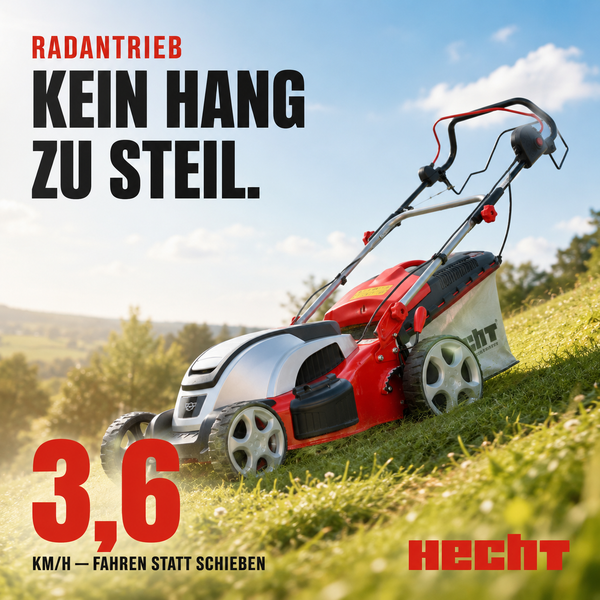 Hecht Rasenmäher mit Radantrieb auf einem Grashang, geeignet für steile Flächen, Geschwindigkeit 3,6 Kilometer pro Stunde. Hecht Logo.