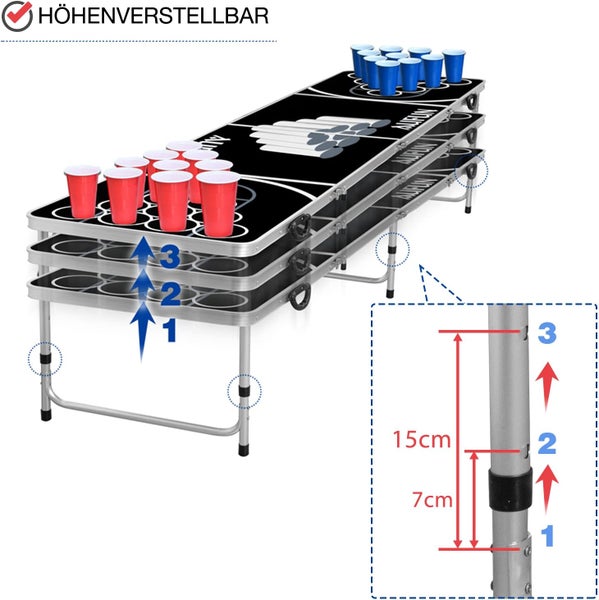Bierpong Tisch für Partys mit 100 Bechern, 5 Bällen, 242x62 cm schwarz
