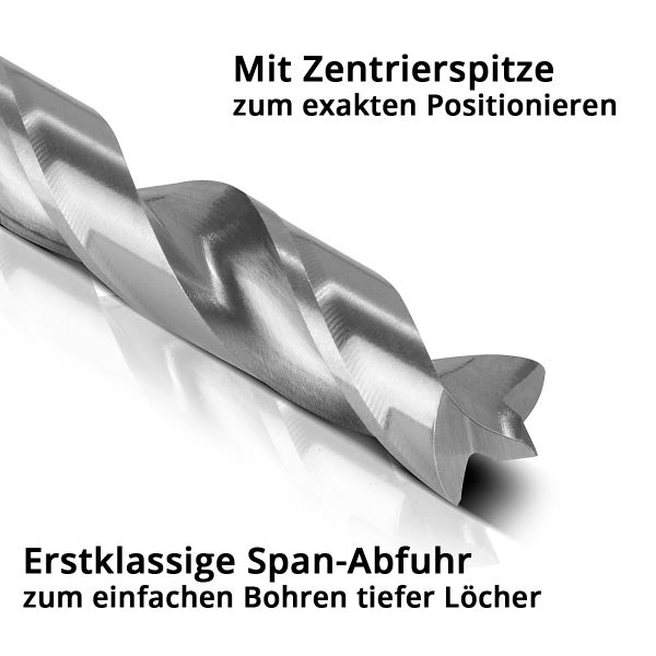 Holzbohrer mit Zentrierspitze für exaktes Positionieren und erstklassigen Spanabtransport bei tiefen Bohrungen.