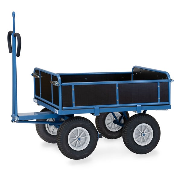 Blauer Handwagen mit vier Luftreifen und Seitenwänden aus Holz für den Transport.