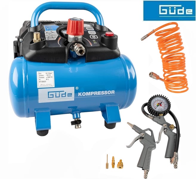 Blaues Güde Kompressorset mit 6-Liter-Tank, orangefarbenem Spiralschlauch, Reifenfüllmesser, Ausblaspistole und Adaptern, Güde Logo.