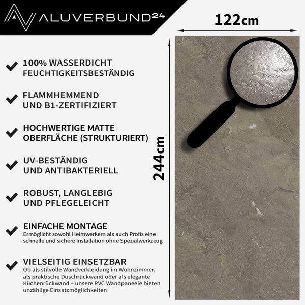 Aluverbund24 Logo, Produktinformationen zu einer wasserdichten, feuchtigkeitsbeständigen, schwer entflammbaren, UV-beständigen und antibakteriellen Wandpaneele mit matter Oberfläche, Maße 122 cm x 244 cm