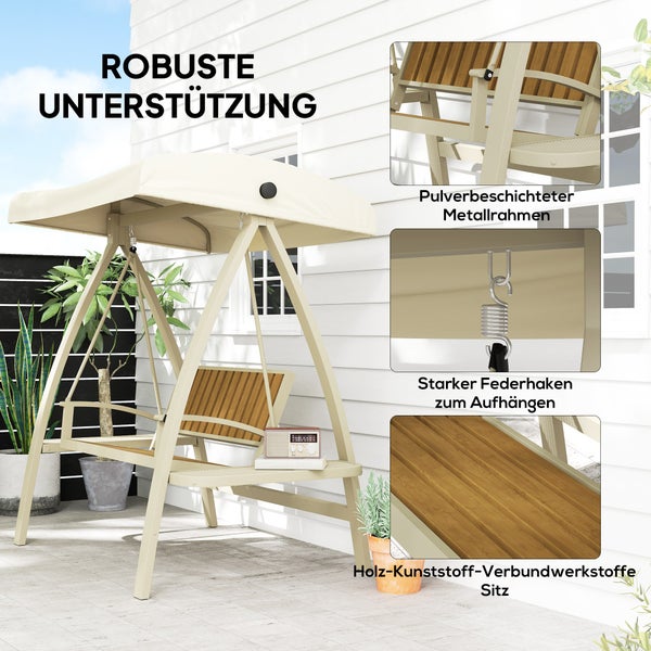Outsunny Hollywoodschaukel 2-Sitzer Gartenschaukel mit verstellbarem Sonnendach, Seitentisch, Schaukelbank belastbar bis 240kg, für Garten, Terrasse, 200 x 120 x 190cm, Beige