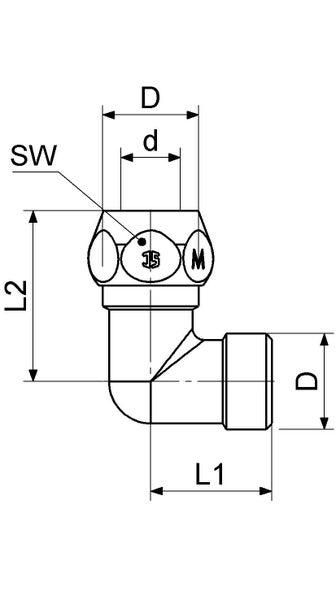 Maßzeichnung eines 90 Grad Winkelstücks mit Angaben zu Durchmesser, Schlüsselweite und Schenkellängen.