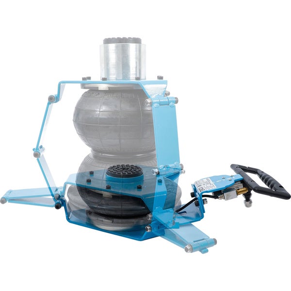 Pneumatischer Wagenheber mit zwei Luftbälgen, Metallrahmen und Handgriff, dargestellt in eingefahrener und ausgefahrener Position.