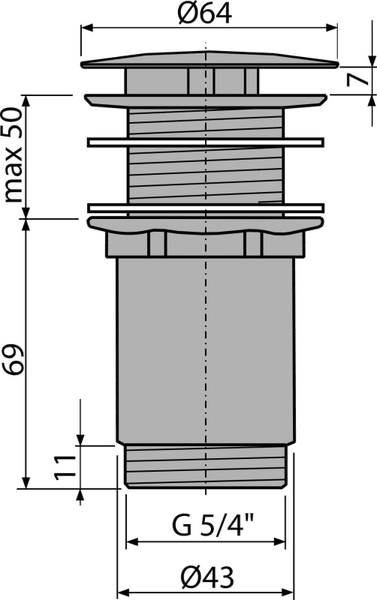 Maßzeichnung Waschbecken-Ablaufventil: Durchmesser oben 64 mm, unten 43 mm, Gewinde G 5/4 Zoll, maximale Einbauhöhe 50 mm.