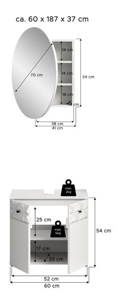 Maßskizze eines Badezimmermöbel-Sets mit rundem Spiegelschrank und Waschbeckenunterschrank, Maße circa 60 mal 187 mal 37 Zentimeter.