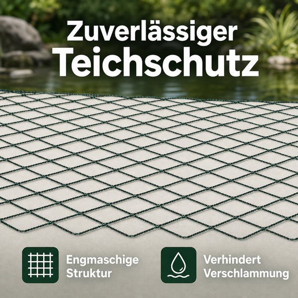 Ein engmaschiges Teichnetz als Schutz vor Laub und Verschmutzung, gespannt über eine Wasseroberfläche.
