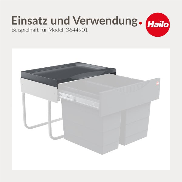 Hailo Brotschublade mit Holzeinsatz, herausnehmbarer Kunststoffbox für Brötchen und Hailo Logo.