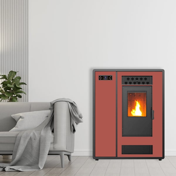 Luft- Pelletofen Slim Astral 12,2 kW Bordeaux Sannover + Kaminbau-Anschluss-Set