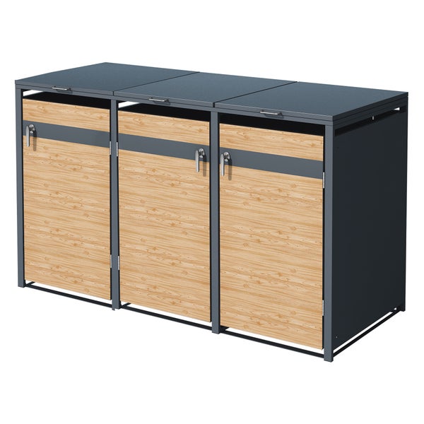 ML-Design Mülltonnenbox 3er 3 Tonnen 240L 200x80x116,3cm Anthrazit-Lärchenoptik Stahl, wetterfest/abschließbar Mülltonnenverkleidung Klappdeckel/3 Türen, Müllbox Mülltonnecontainer Mülltonnenabdeckung