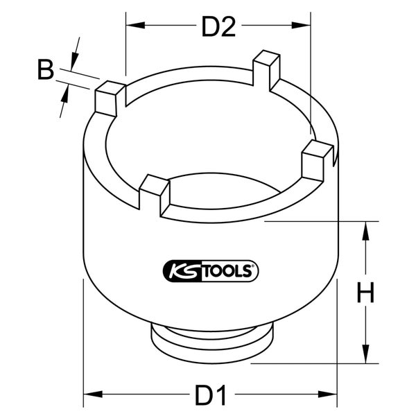 KS Tools Logo. Zeichnung eines Stirnlochschlüssels mit den Maßangaben B, D1, D2 und H.
