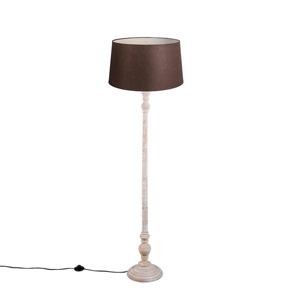 QAZQA - Klassisch I Antik Stehlampe mit Leinenschirm braun 45 cm - Classico I Wohnzimmer I Schlafzimmer - Holz Zylinder I Länglich - LED geeignet E27