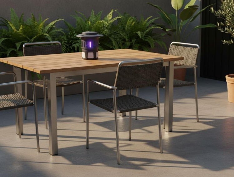 Elektrischer Insektenvernichter mit UV-Licht auf einem Holztisch in einem hellen Außenbereich mit Gartenmöbeln und Pflanzen.