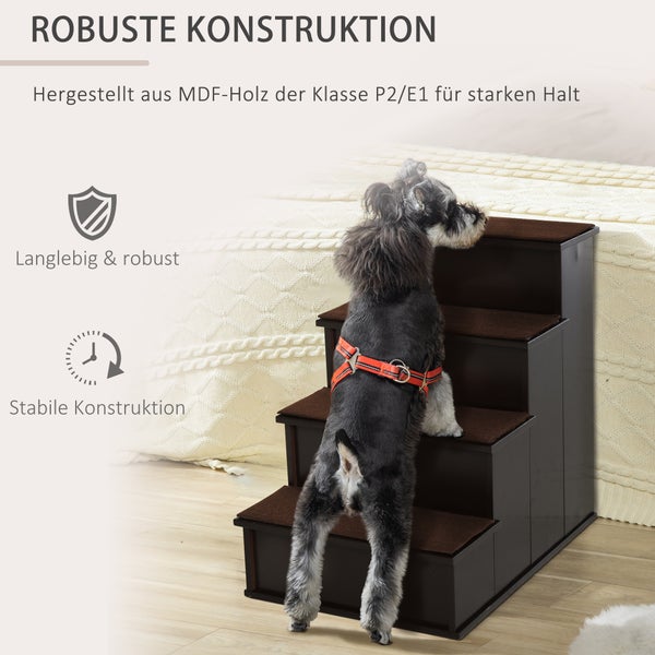 PawHut Haustiertreppe 4-stufige Hundetreppe Katzentreppe Einstiegshilfe mit rutschfester Matte Haustierleiter für Auto Bett Sofa Dunkelbraun 40 x 59 x 54,2 cm