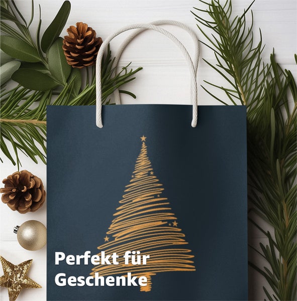 Geschenktüte mit Weihnachtsbaum-Motiv und der Aufschrift: Perfekt für Geschenke.