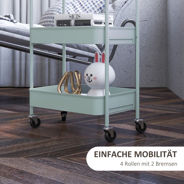 Organisierter mobiler Metallwagen mit Regalfächern auf vier Rollen, zwei davon mit Bremsen, bestückt mit Büchern und Figuren auf einem Holzboden.