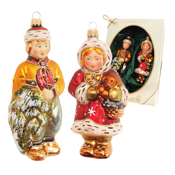 Viktorianische Kinder, Mädchen mit Hund und Junge mit Baum, 2 Stück, multicolor, 10cm, mundgeblasen und handdekoriert, 2 Stck., Weihnachtsbaumkugeln, Christbaumschmuck, Weihnachtsbaumanhänger