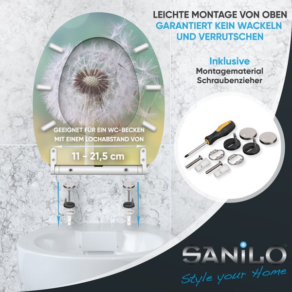 Sanilo Toilettensitz mit Pusteblume-Motiv, Montage von oben, inklusive Montagematerial, passend für Lochabstand 11 bis 21,5 Zentimeter. Sanilo Logo.