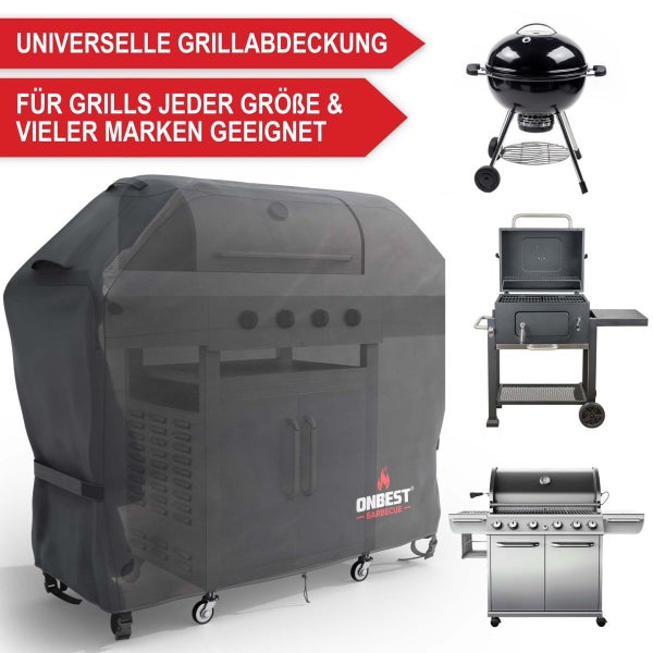 Universelle graue Grillabdeckung mit ONBEST BARBECUE Logo, passend für Grills jeder Größe und Marke wie Holzkohlegrills, Smoker und Gasgrills.