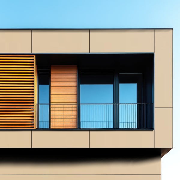 Gebäudeaußenansicht mit Fassadenverkleidung, Fenster und Balkon