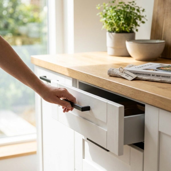 Eine Hand öffnet eine weiße Küchenschublade mit einem modernen schwarzen Möbelgriff, montiert an einer hellen Holz Arbeitsplatte.