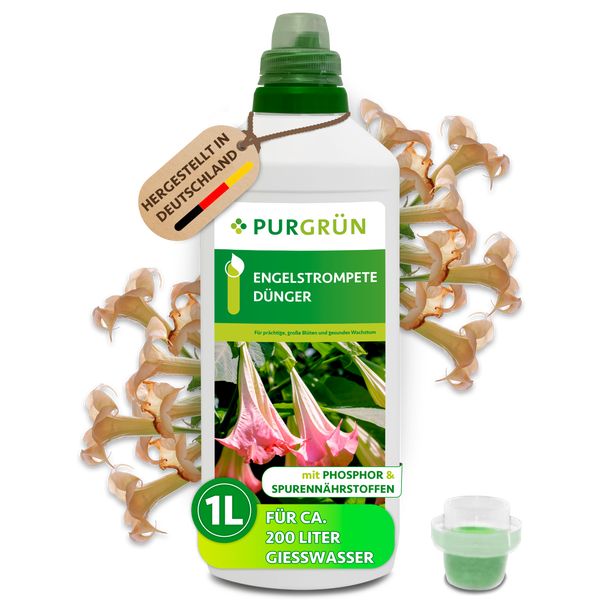 Purgrün Logo, Engelstrompete Dünger, 1 Liter, mit Phosphor und Spurennährstoffen, für circa 200 Liter Gießwasser, hergestellt in Deutschland.